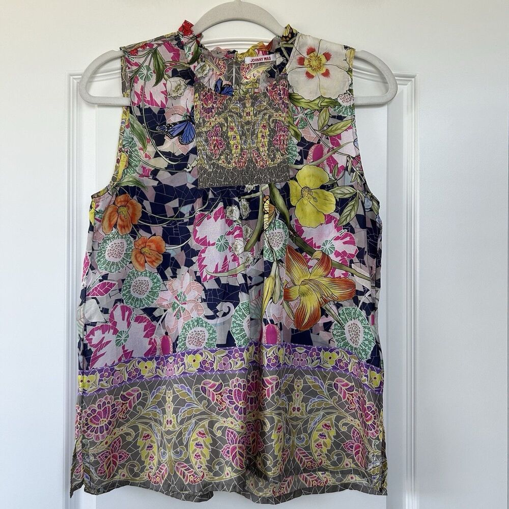 Johnny Was Cisco Ife Tank 100% Silk Tropical Floral Print Flowy Size XS Chic - Picture 2 of 10